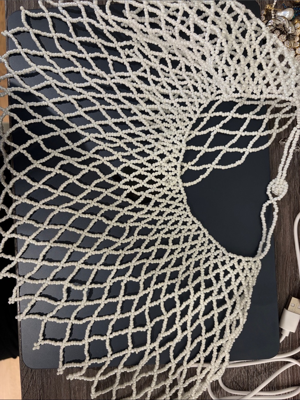 Handmade Ivory Beaded Mesh Scarf Necklace
